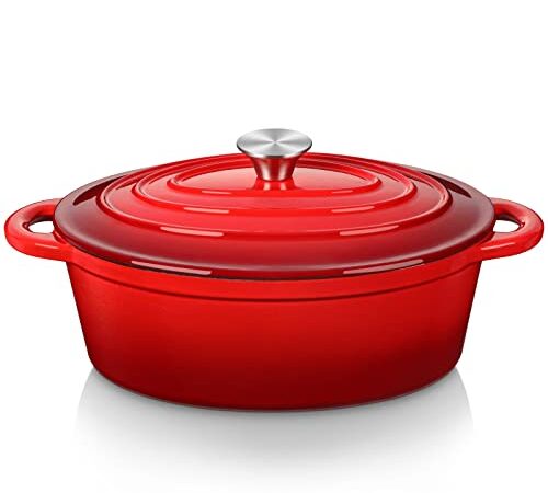 Velaze Cocotte en Fonte Induction, 30cm Casserole en Fonte Émaillée avec Couvercle, Braisière Bon Scellement, Pot à Soupe en Fonte Revêtement Anti-adhésif Diamètre de 30cm, 5L