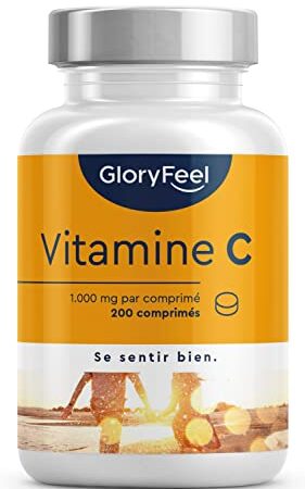 Vitamine C 1000mg 200 Comprimés Végétaliens (7 Mois), Vitamine C Hautement Concentré, Système Immunitaire*, Biodisponible, Sans Gluten, Sans Lactose, Acide Ascorbique Pure, Testé en Laboratoire