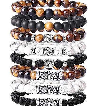 YADOCA 8 PCS 8 MM Bead Bracelets pour Hommes Pierre Volcanique Jaune Oeil De Tigre Bracelet Bouddha Bracelet Rock Gothique Punk Élastique Bracelet Ensemble