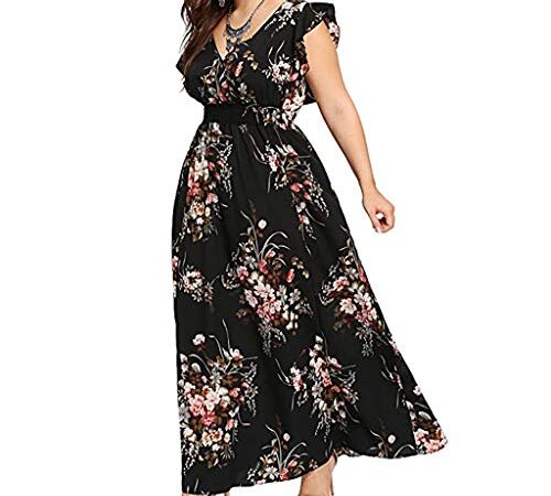 YBWZHMesdames Grande Taille Robe ImpriméE De Fleurs Femmes Plus Size éTé Col en V Imprimé Floral Boho sans Manches Party Maxi Dress(Noir,XL)